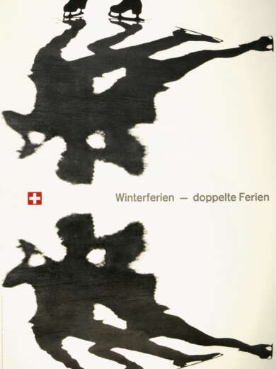 «Winterferien – doppelte Ferien», Plakat Schweizerische Verkehrszentrale Zürich, gestaltet von Philipp Giegel, gedruckt von A. Trüb & Cie, 1966