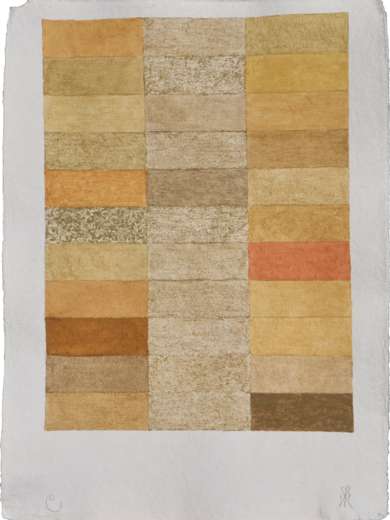 «Die Farben des Surytals» aus der Serie «Surytal». Material: 11 Sedimente der Su(h)re und 22 Farbpigmente der Gemeinden von Sursee bis Aarau, lasierend aufgetragen auf Bütten